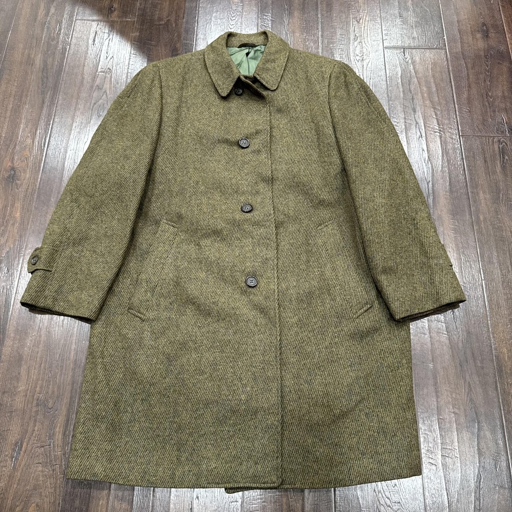 Vintage Sears Roebuck Coat Mens 44 Green Wool Tweed Overcoat Lined Pockets
